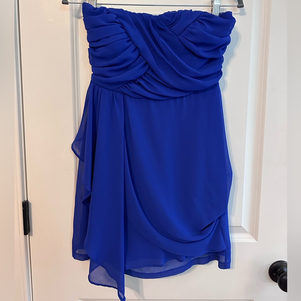 Blue draped cocktail dress